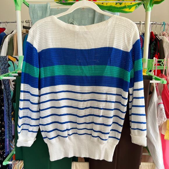 Vintage 80s White, Blue and Teal Striped Boatneck 3/4 Sleeve Sheer Sweater / M L - Picture 6 of 6